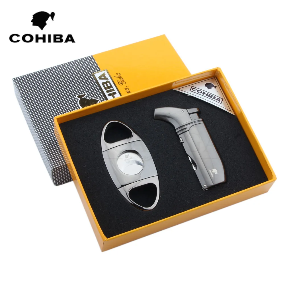 

COHIBA Cigar Cutter&Lighter Set Sharp Dual Blades Cutter Guillotina 2 Flame Butane Torch Pistol Lighter Cigars Gift Set