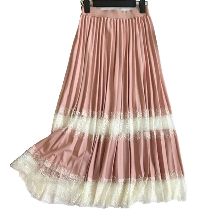 Женская длинная юбка юбки для девочек весна кружева сшивание плиссированные тонкие секционные плиссированные юбки Прямая с фабрики