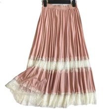 Женская длинная юбка юбки для девочек весна кружева сшивание плиссированные тонкие секционные плиссированные юбки Прямая с фабрики