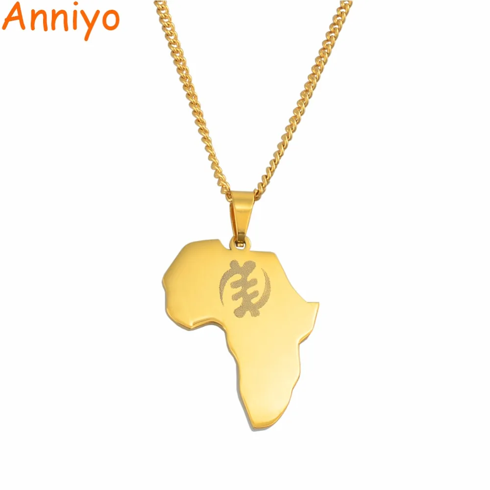 

Anniyo Gold Color Africa Map With Ghanaian Symbol Pendant Necklaces for Women Girls Stainless Steel African Maps Jewelry #055021