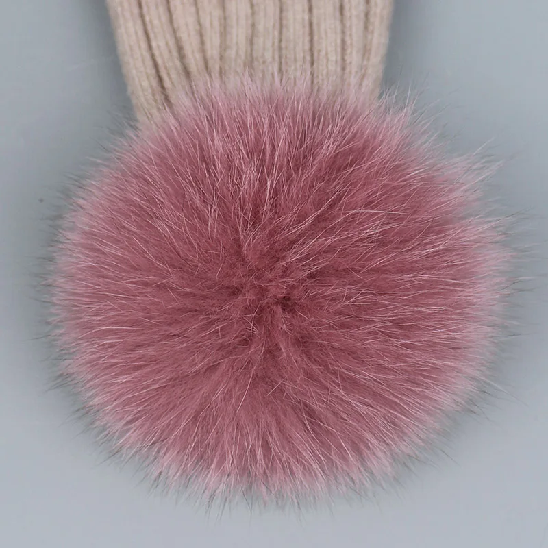 Adults and Children Wool Real Raccoon Fox Fur Pom Poms Winter Woman Hats High Quality Knitted Vogue Warm Casual Skullies Beanies