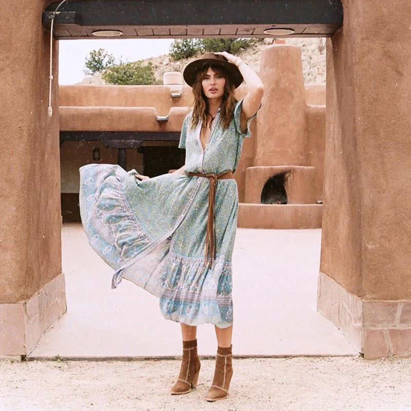 

BOHOFREE 2019 Floral Long Gown Bohemian Kimono Dress Femmes Casual V-neck JASMINE FLUTTER SLEEVE MAXI Dress Beach Dress