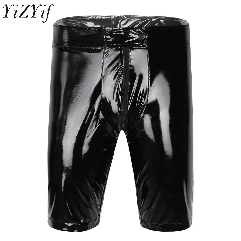 YiZYiF черные мужские сексуальные фетиш облегающие шорты мокрого вида боксер короткие штаны лакированная кожа молния промежность Боксер шорты
