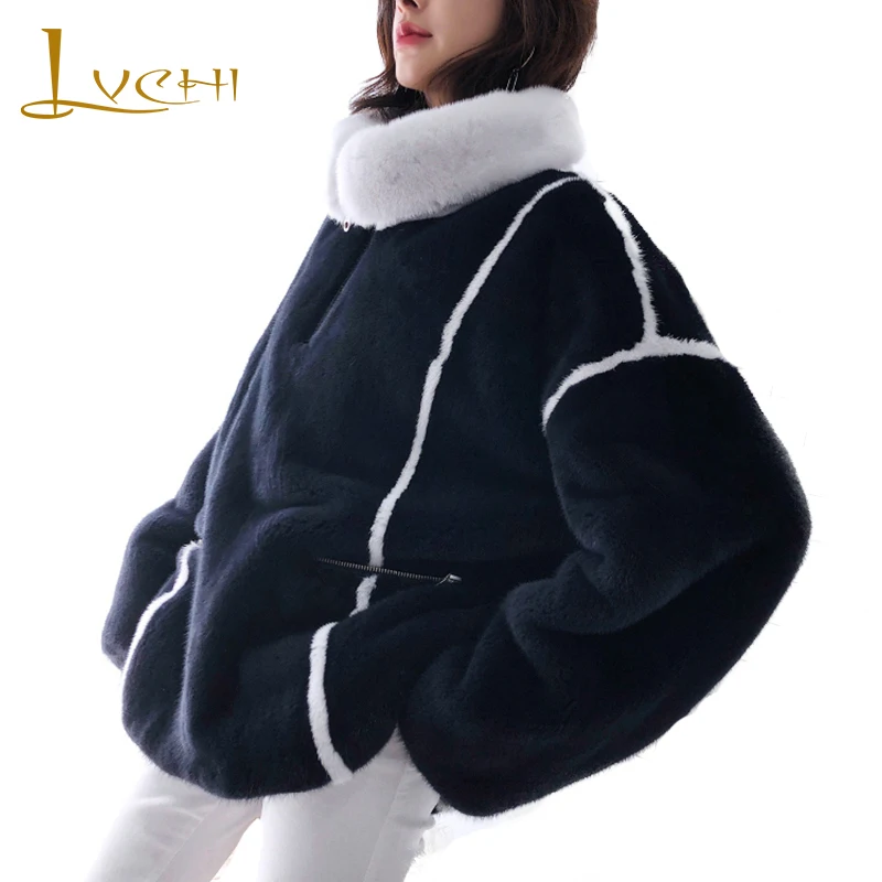Lvchi 2019 À Manteau Réel Manches Mandarin Fourrure Noir Manteaux Lignes Col De D'hiver Vison Femmes Nouvelle Longues Hiver Veste Court vrq5Rwv8