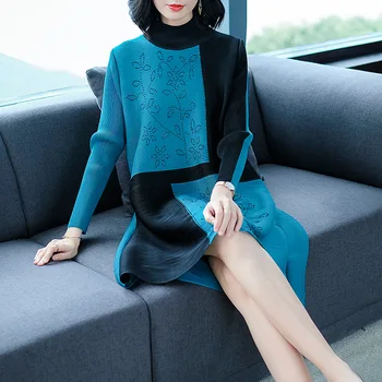 

Women Pleated High Collar Patchwork Loose Big Size One Piece Casual Dress