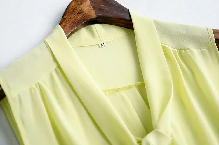 Женская шелковая блузка из натурального шелка, однотонная блузка без рукавов с бантом, женская шифоновая блузка, осень-лето, новинка