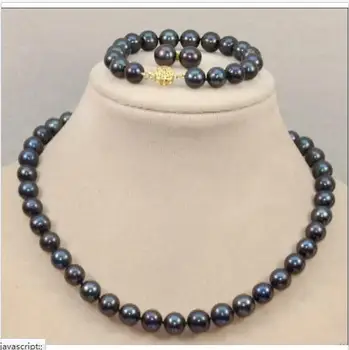 

set 10-11mm tahitian black green pearl necklace 18inch&bracelet 7.5-8"&earring