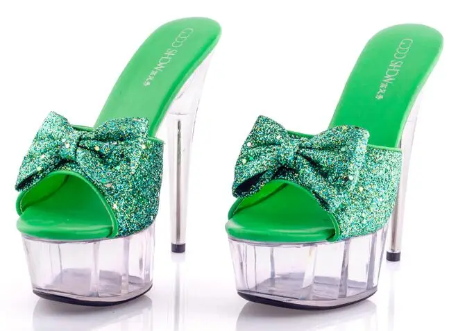 

High Quality Shoes Woman high-heeled slippers,Sequined Cloth,Thin Heels ,Platforms,Butterfly-knot, Slides,Model Catwalk Shoes