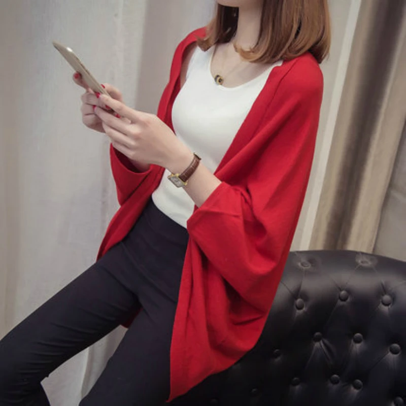 

New Fall Fashion Ladies Red Black Gray Weave Batwing Sweater Simple Women Loose Open Shawl Tops Coats Clothes Friends