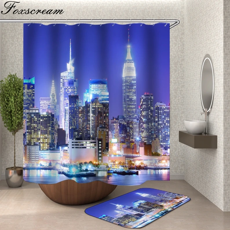 City Shower Curtain With Hooks Scene Colorful Bath Curtains Fabric 3d