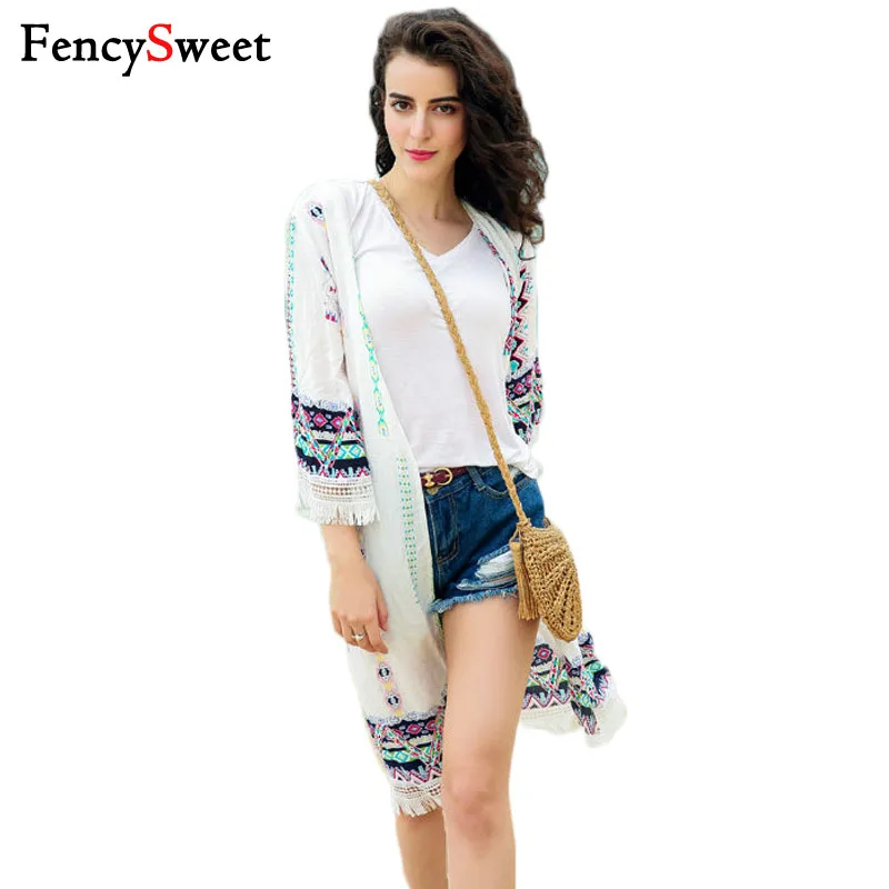FencySweet Embroidery Print Tassel Kimono Cardigan Women Summer Loose