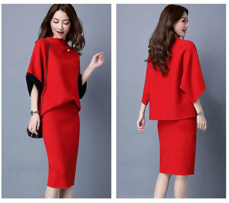 3XL комплект юбки и свитера из двух предметов женский элегантный костюм с юбкой миди юбка+ пуловер вязаный комплект из 2 предметов Женский комплект с юбкой большого размера - Цвет: Red