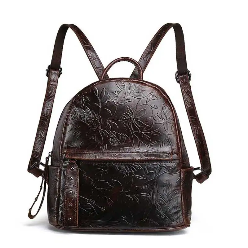 

New style oil wax leather double shoulder bag leather cowhide lady bag retro leisure single shoulder embossed schoolbag