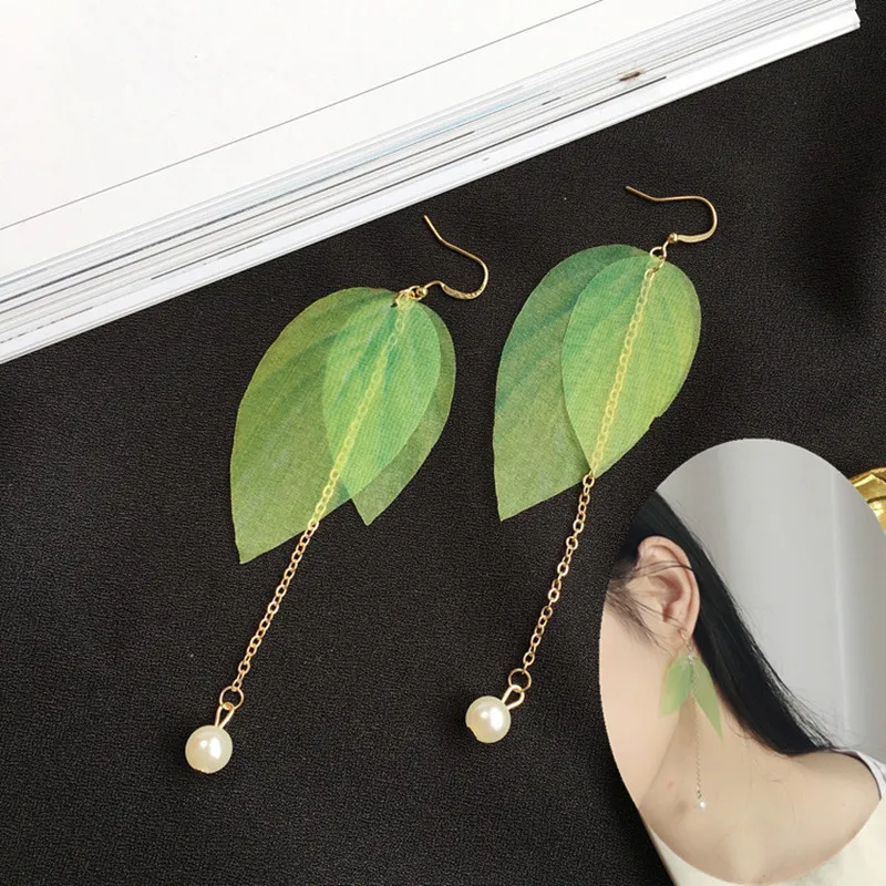 

Fashion Women Green Colorful Leaf pearl Earrings Long Earrings Pendientes Mujer Moda Para Las Mujeres Brincos