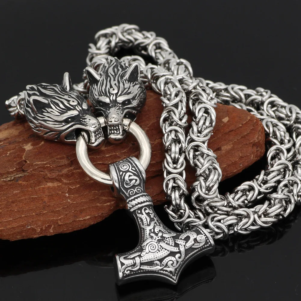 Men stainless steel Wolf head norse viking amulet thor hammer pendant necklace handmade chain