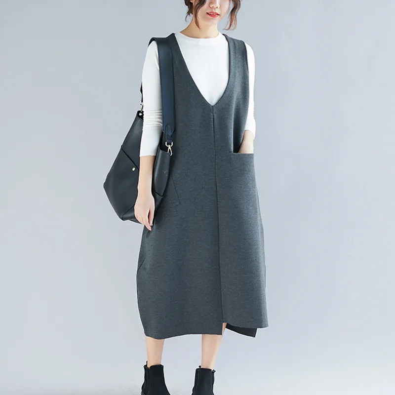 

2019 Spring Autumn Female LongV-neck Sleeveless Vest Dress Loose Oversized Pocket Women's Solid Color Thick Woolen Dress LQ675