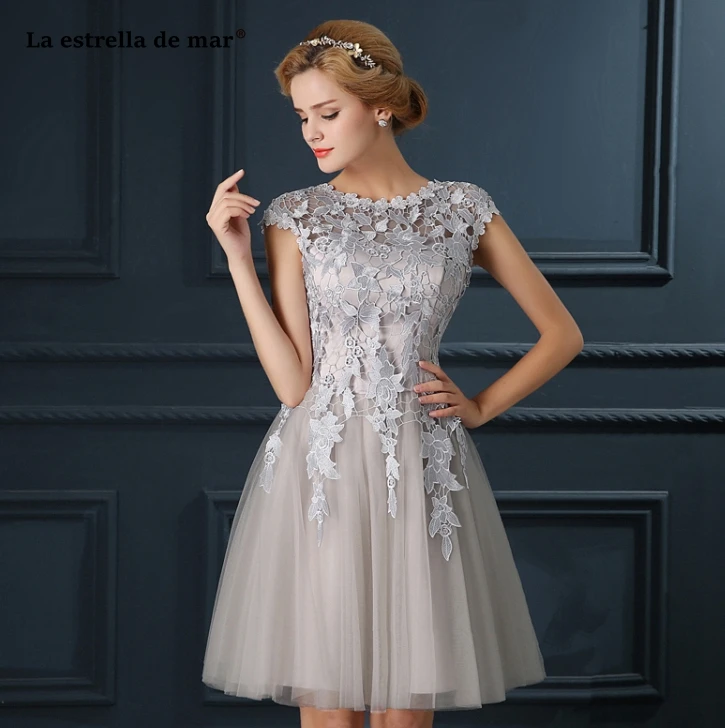 Vestido коктейльное новинка из кружева, с вырезом на шее с короткими рукавами трапециевидной формы Серебро Цвет персиковый, красное платье для вечеринки короткое sukienka koktajlowa