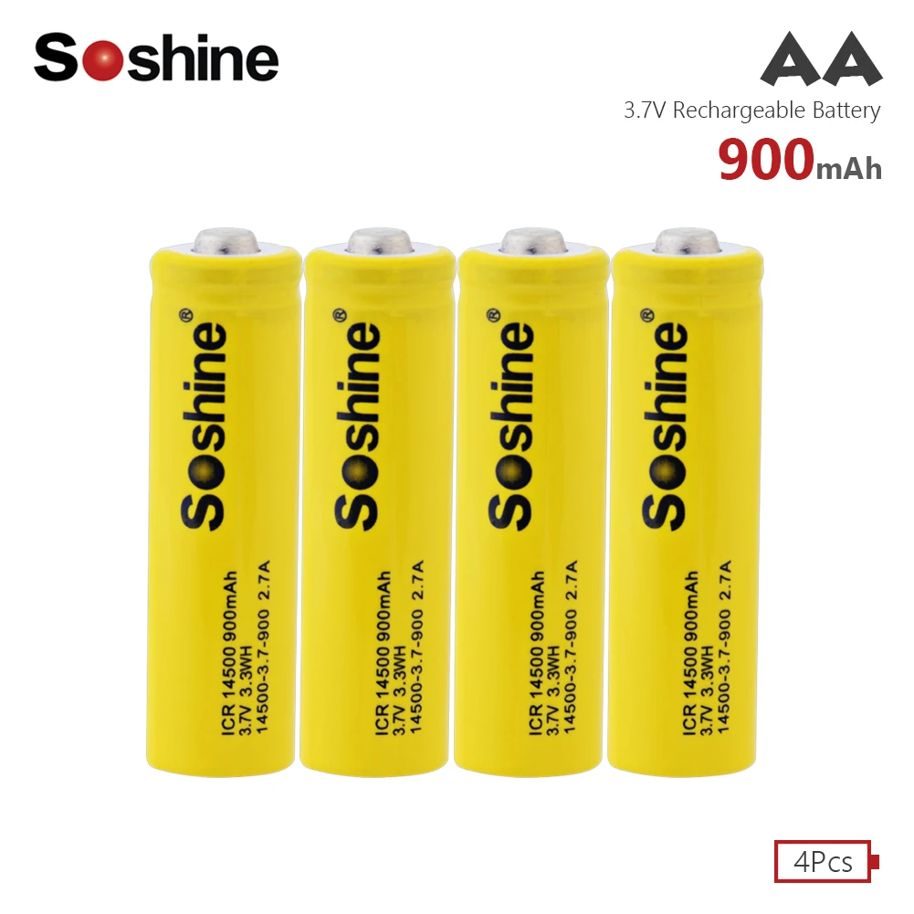 

4pcs Soshine 3.7V ICR 14500 900mAh Li-ion Rechargeable Battery with Safety Relief Valve + Battery Box for Flashlights Headlamps