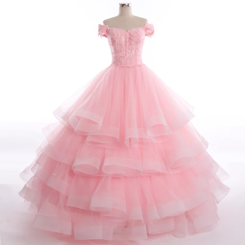 2014 New Vintage Modest Pink White Off Shoulder Tier Ball Gown Wedding Dress Princess Prom Gowns