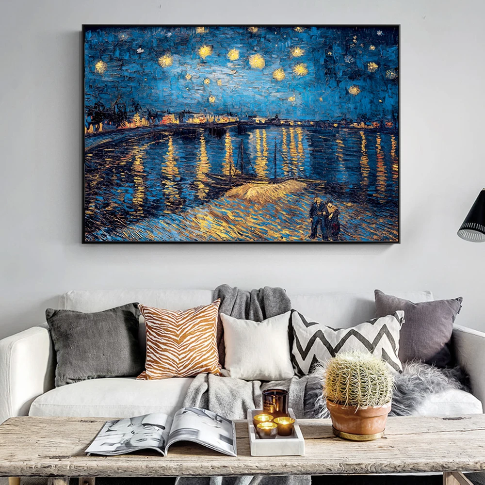 Pinturas en lienzo de la noche estrellada de Van Gogh, réplica en la pared, imágenes en lienzo de noche estrellada impresiva para sala de estar, Cuadros - Imagen 2