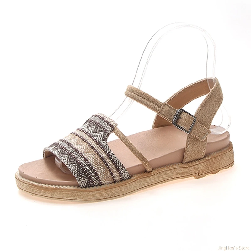 

Designer Gladiator Sandals Women 2019 Summer Flat Shoes Casual Bohemia Geometric pattern Ladies Beach Sandals Srtap buckle Shoes