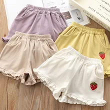 Хлопковые шорты с вышивкой клубники для девочек г., летние пляжные шорты для девочек детские кружевные штаны, одежда