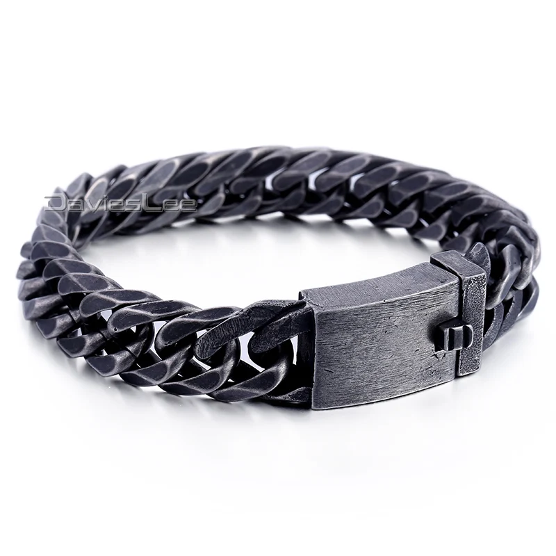18mm Heavy Mens Boys Chain Cut Rombo Double Cuban Curb Link Gunmetal Tone 316L Stainless Steel