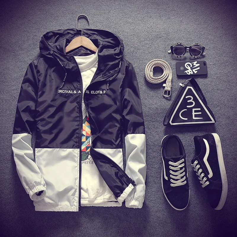 

WINDBREAKERS Light Jacket Men jaqueta masculina zipper patchwork waterproof jackets streetwear bomber jacket 5XL Asian Size