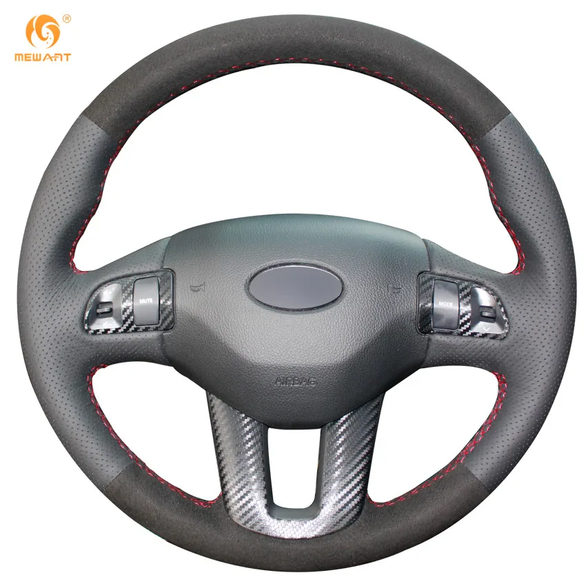 MEWANT Black Genuine Leather Black Suede Car Steering Wheel Cover for