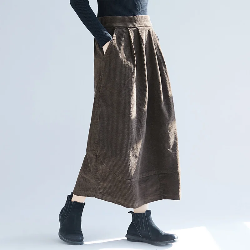 Женская модная длинная Вельветовая юбка размера плюс на осень и зиму, Женская однотонная Повседневная Свободная винтажная юбка-бутон с высокой талией
