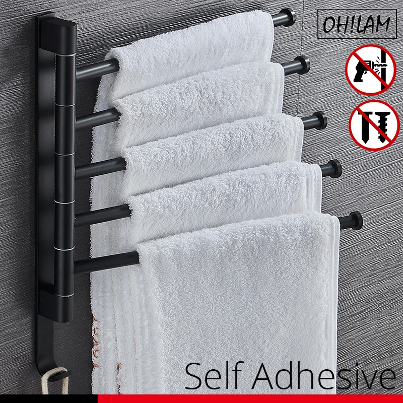 

Self Adhesive Nail Free Towel Bar Black & Brushed Double Multi Swivel Adjustable Towel Bars Rotating Bathroom Kitchen Towel Rack