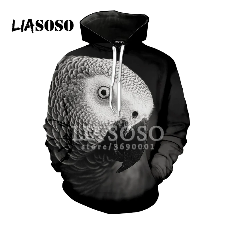 LIASOSO, толстовка с капюшоном, 3D принт, унисекс, забавный серый попугай, птицы, толстовки с капюшоном, хипстер, повседневная верхняя одежда в стиле хип-хоп, топы A732