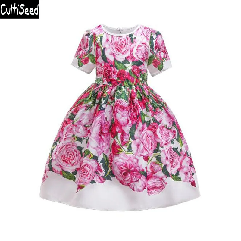

Cultiseed Girls Dress 2019 Children Summer Rose Flower Print Princess Party Dress Big Girls Birthday Ball Gown Dress Kids Dress