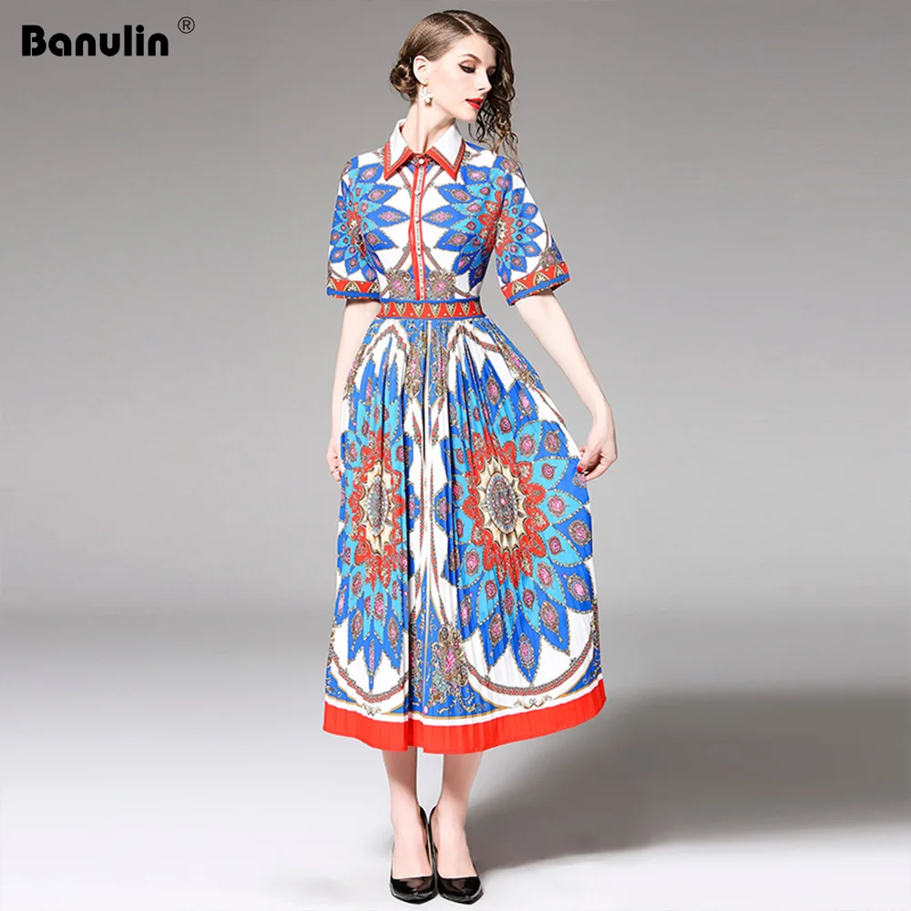 

Banulin Runway Summer Vintage Pleated Midi Dress Women's Fashion Short Sleeve Gorgeous Vintage Printing Dresses Vestdios B8033