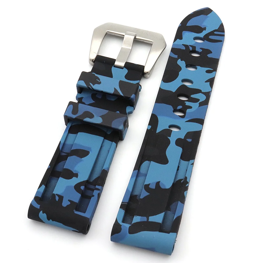 

Wholesale 22 24mm Camo Blue Comfortable Exchange Replacement Silicone Rubber Watchband Band Strap With Silver Pin Buckle