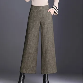 

Fall Winter Office Lady Womens Plaid Black High Waisted Wide Leg Loose Ankle Length Woolen Pants , 4xl Wool Trousers For Woman