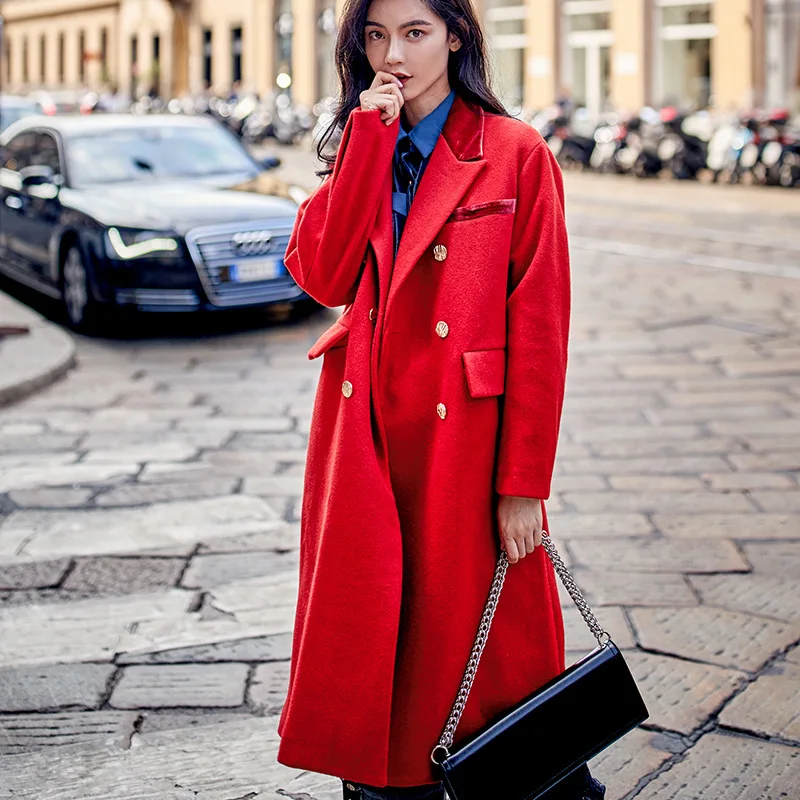 Couleur Style Rue Lâche Européen Manteau Hiver Longue Nouveau De Mélanges Poches Rouge Chic Red Laine La 7501 Et Américain Femmes Haute n5qBIx