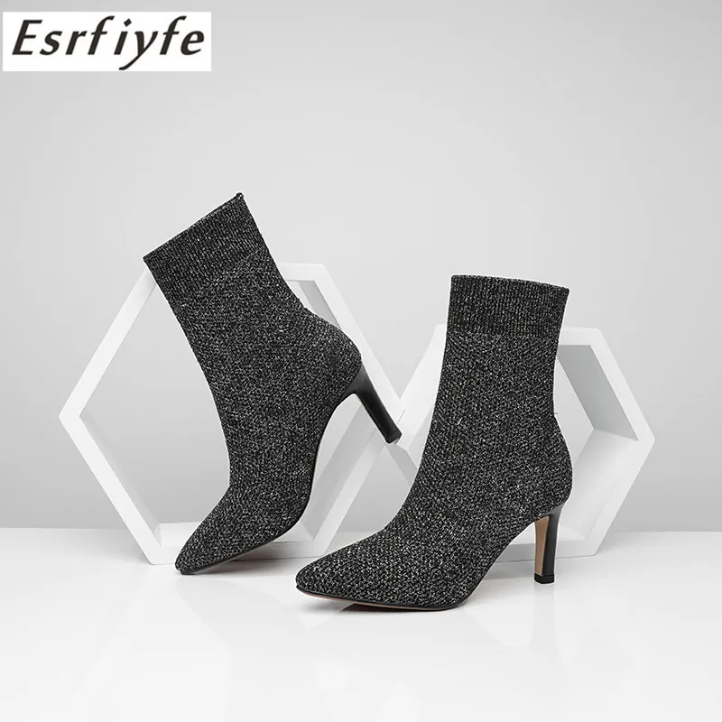 

ESRFIYFE 2020 New Fashion Elastic Sock Ankle Boots High Heels Stretch Women Autumn Winter Sexy Booties Pointed Toe Women Boots