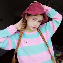 Harajuku/свободный свитер в полоску с длинными рукавами и вышивкой для девочек