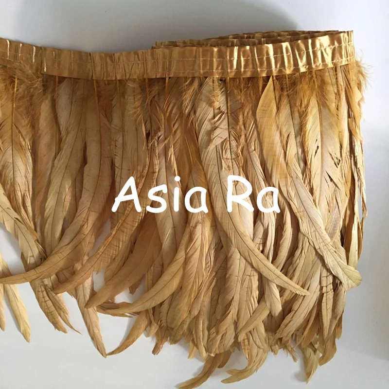 

Asia Ra Gold color cock tail feather trims 30-35cm 12-14" 1 yard 2 yard 5 yard options rooster feather trimming on satin ribbon