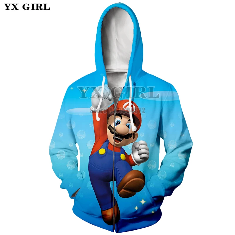 

YX Girl 2019 Womens Cartoon Clothes Zipper hoodies Super Mario Zip up Hoodie 3d Printed Sweatshirt Women Tracksuit Plus Size