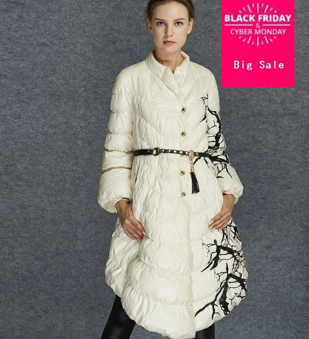 

European Fashion Designer 2019 Parkas For Women Winter White Duck Down Parka Long Printed Jacket Coat With Pocket