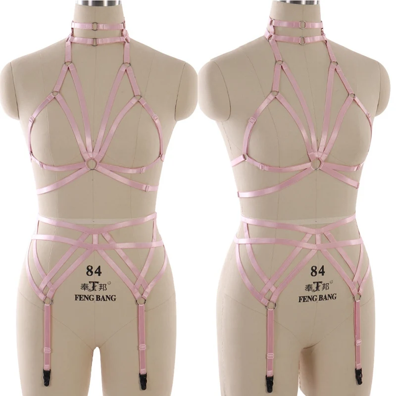 

Pink Body Harness Goth garter Set Halloween Sexy Lingerie Bondage Harness Elastic Body Harness Cage bra Wedding Leg Garter Belt