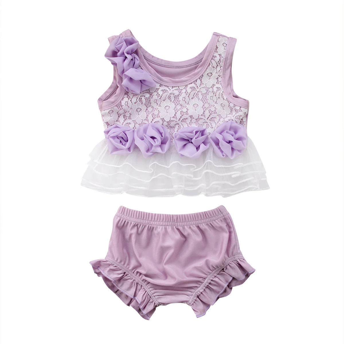 

2Pcs Cute Purple Newborn Baby Girl Sleeveless Floral Lace Tops+Shorts Pants Outfits Clothes Set Summer