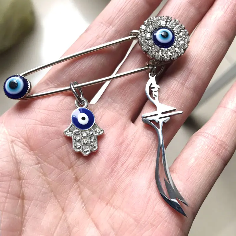 

HZ Zulfiqar Sword of Imam Ali islam turkish evil eye hamsa hand of fatima Stainless steel brooch baby pin accept drop shipping
