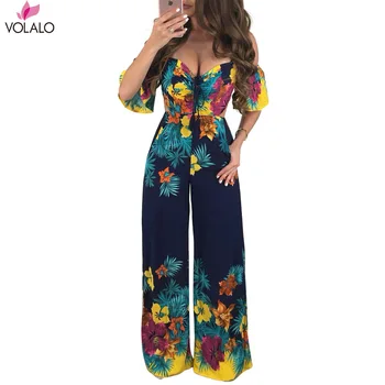 

VOLALO 2019 Hot Jumpsuits Women Clubwear Short Sleeve Playsuit Sexy Floral Print Rompers Womens Jumpsuit Long Trousers Pants