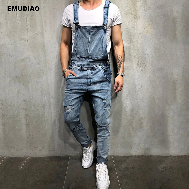 

Streetwear Overalls Men Jeans Hombre 2019 Fashion Men's Ripped Skinny Jeans Destroyed Frayed Denim Pant Overalls Long Pants