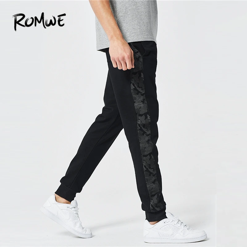 

ROMWE Men Camo Stripe Side Drawstring Pants 2019 Designer Autumn Male Spring Trousers Basic Black Mid Waist Long Pants