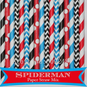 

150pcs Mix Colors Spiderman Paper Straws,Black Striped,Chevron,Blue Stripe,Zig Zag,Red Striped and Dot,Birthday Party Drinking