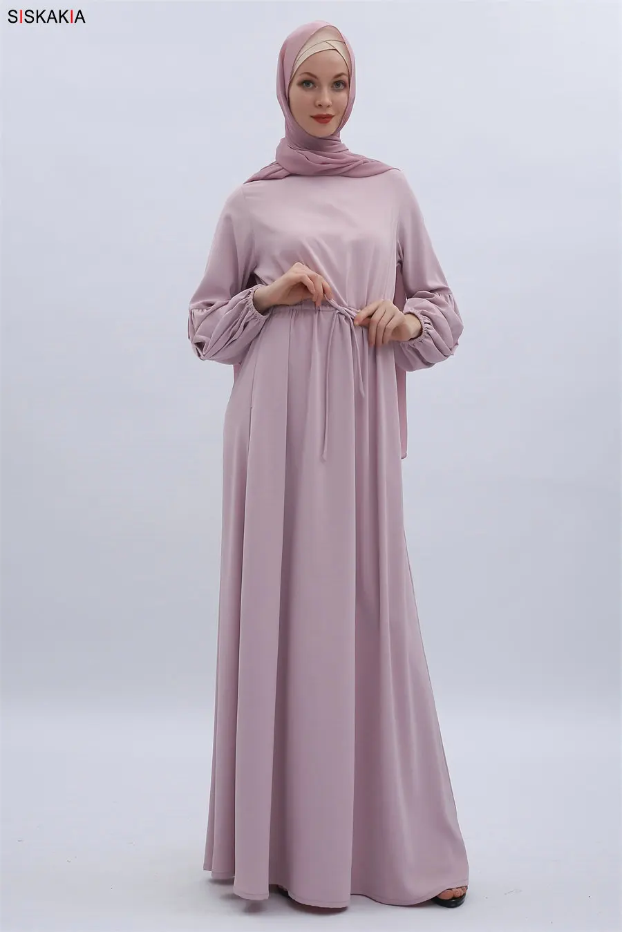 Siskakia, элегантное женское ТРАПЕЦИЕВИДНОЕ длинное платье, однотонное, на шнуровке, с регулируемой талией, с длинным рукавом, платья абайя, осень, мусульманская одежда